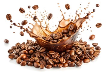 Coffee Splash with Coffee Beans on White Background