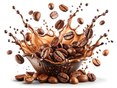 Coffee Splash with Coffee Beans on White Background