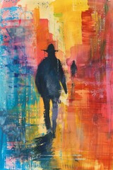 Obraz premium Man Walking Abstract Print, Street Scene Painting