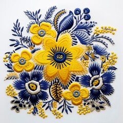 Floral yellow-blue composition based on Ukrainian embroidery on a white background.