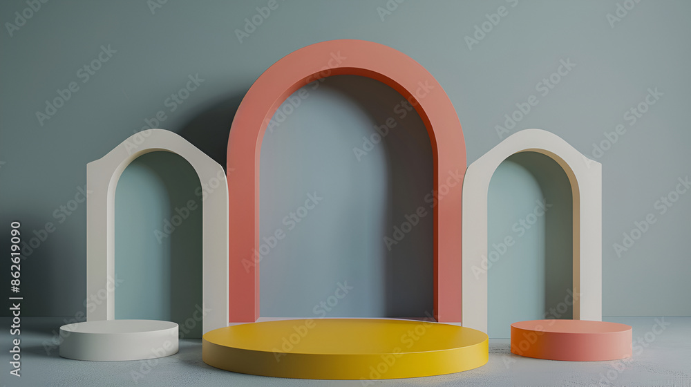 Poster 3d rendering of podium and abstract geometric with empty space for kids or baby product,3d luxury pi
