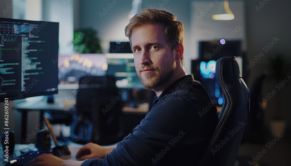 Poster being a software developer involves working on multiple monitors with a focus in a modern office env
