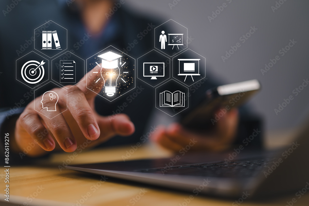 Poster e-learning technology concept. ai and machine learning enhance personalized learning. technology cou
