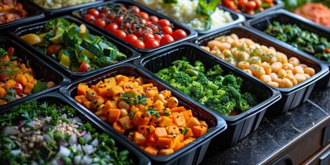 Obraz premium Assortment of Fresh and Colorful Salads in Black Containers
