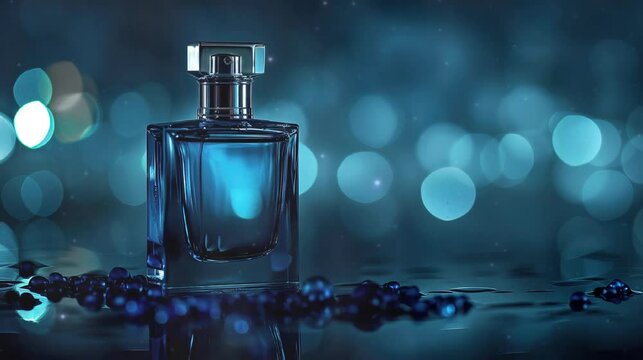 Blue bottle perfume with minimalist blue background. For product promotion, advertisement, copyspace. 