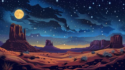 Desert night flat design top view theme starry cartoon drawing vivid