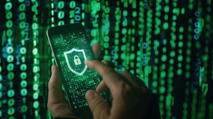A close-up of a hand holding a smartphone displaying a digital shield with a lock on it, against a green matrix background of binary code.