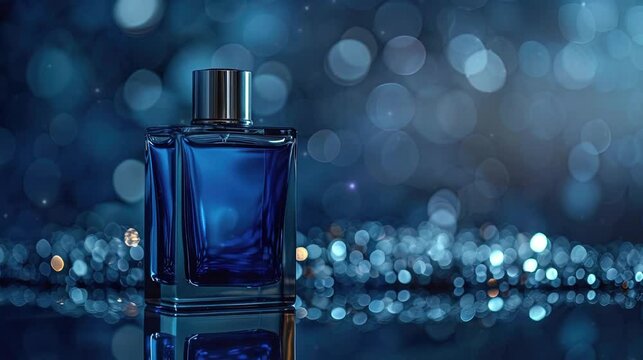 Blue bottle perfume with minimalist blue background. For product promotion, advertisement, copyspace. 