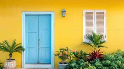 Fototapeta premium A yellow house with a blue door and blue shutters. The door is open and there are potted plants on the porch