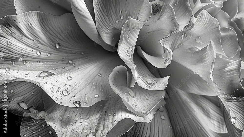 Poster an intimate look at the unique patterns and textures found in macro flower petals. black and white a