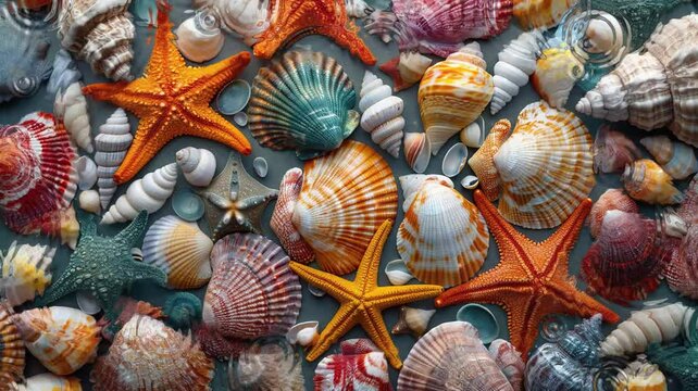 colorful sea shells and starfish in white beach sand background