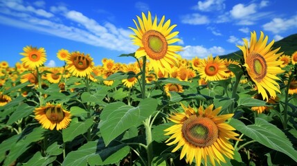 Vast field of blooming sunflowers stretches to horizon. Bright yellow petals contrast vividly against deep blue sky dotted with fluffy white clouds. Green leaves provide lush base. 