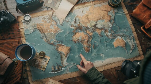 The hand on vintage map