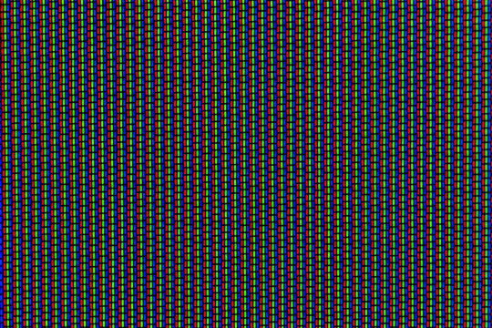 Macro image of pixels of a CRT screen. You will see an arrangement of 3 color dots: red, green, blue (RGB).