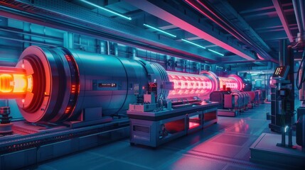 Scientists operating a massive synchrotron light machine, futuristic, neon, 3D rendering, glowing beams illuminating the lab