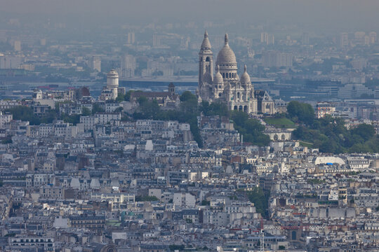 Aerial view of Montmartre and Sacre Coeur Basilica, Paris, France.