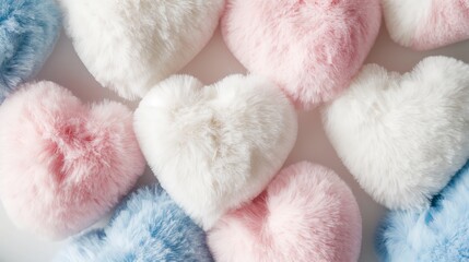 An assortment of fluffy heart-shaped decorations in pastel colors, adding charm and warmth to any setting.
