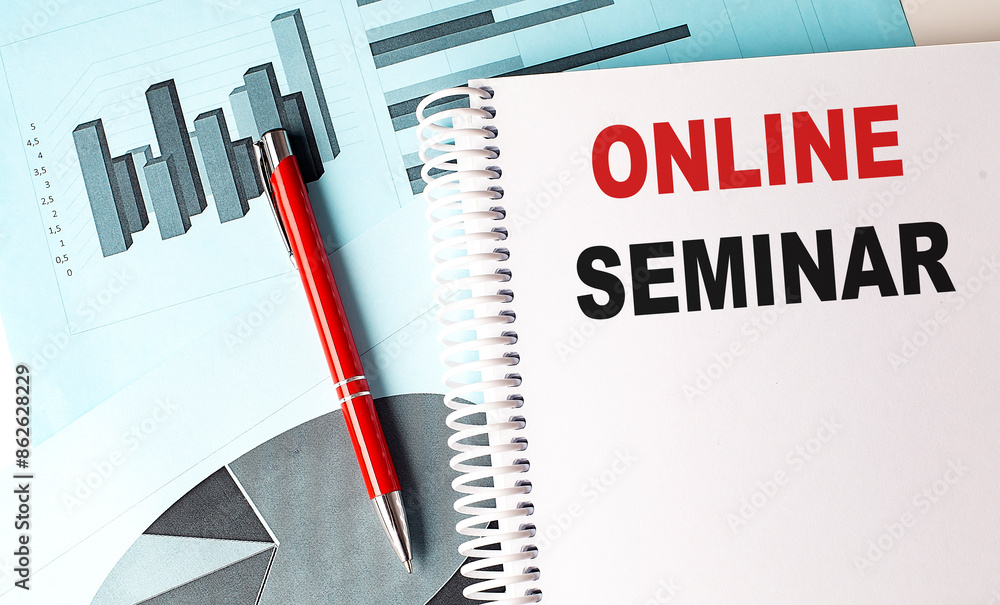 Poster online seminar text on notebook on chart background