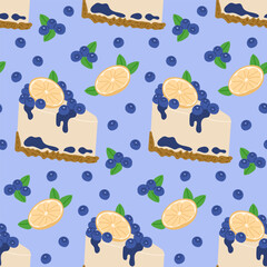 Tasty dessert seamless pattern with blueberry cheesecake and slice of lemon. Vector hand drawn food illustration on blue background. Good for wrapping paper, background, kitchen textile