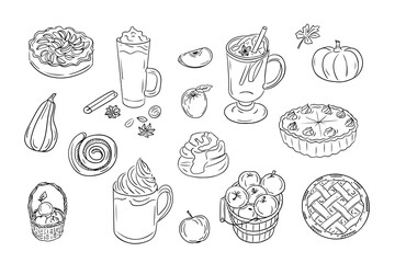 Cozy autumn drinks and food doodle set. Monochrome vector hygge contour stickers isolated oh white background. Sketchy drawing of warm drinks, pies and autumn fruits. Could be used for coloring pages