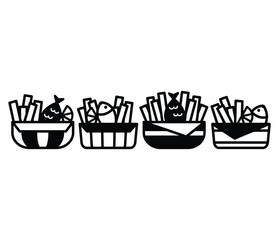 fish and chip in bowl food snack meal icon symbol vector design black white color illustration collections set