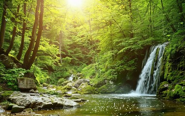 Obraz premium A waterfall in a forest with the sun shining through the trees
