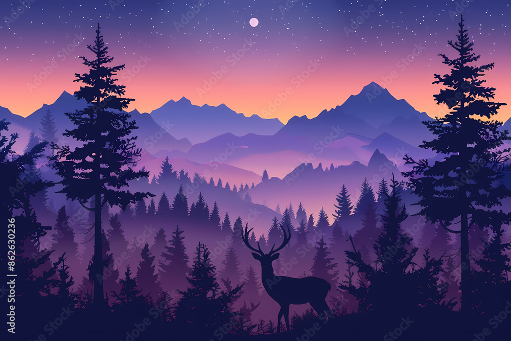 Wall mural silhouette of deer with beautiful nature landscape background illustration - Wall murals