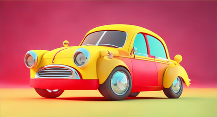 3d yellow and red color toy car on a backdrop background