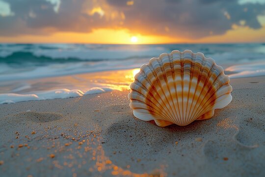 photo of seashell on sandy beach at sunset