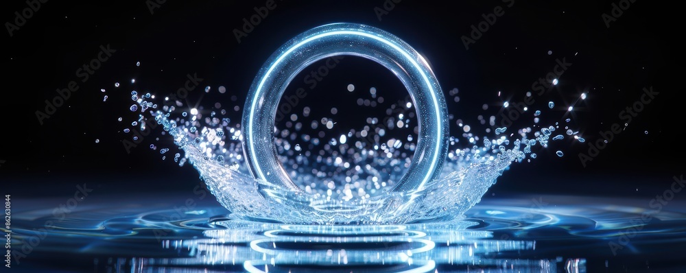 Poster a glowing, futuristic ring splashing into water, creating dynamic and captivating light effects agai