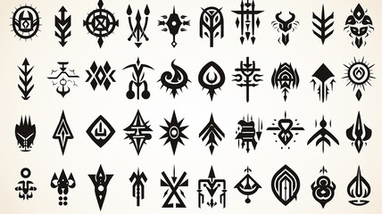Fototapeta premium set of fictional symbols of rune icons on a white background, mystical logos and signs collection on white