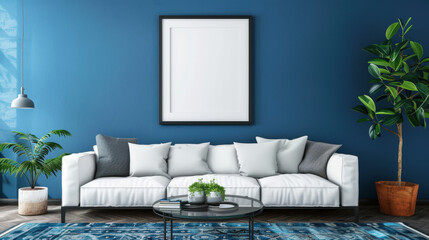 modern apartment design. minimalistic and neat interior with white sofa, flowers, coffee table and mockup of painting on the wall. beautiful pillows on the sofa. The walls of apartment are dark blue