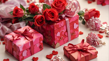Pink gift packages with beautiful red roses