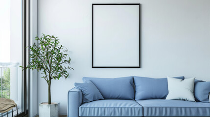 modern apartment design. minimalistic and neat interior with blue sofa, flowers, coffee table and mockup of painting on the wall. beautiful pillows on the sofa. The walls of apartment are white