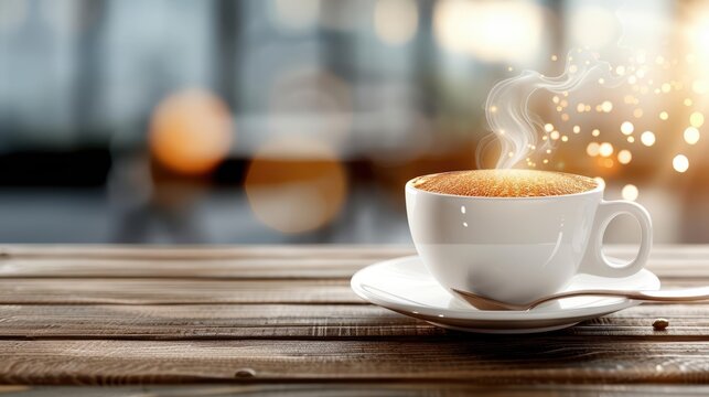 A steaming cup of fresh coffee sits on a wooden table in a cozy cafe, with a warm ambient light creating a relaxing atmosphere.