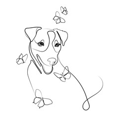 Puppy with Butterflies One Line Drawing Art. Pet concept illustration. Veterinary and animal care. Dog breed Jack Russell Terrier. Line drawing. Vector illustration