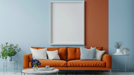 modern apartment design. minimalistic and neat interior with orange sofa, flowers, coffee table and mockup of painting on the wall. beautiful pillows on the sofa. The walls of apartment are blue