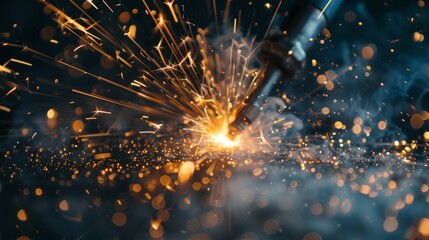 Close-up view of bright sparks flying from a welding torch in a workshop