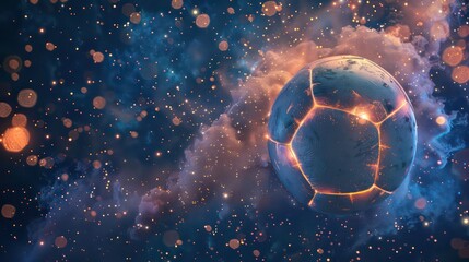 Digitally generated image depicting glowing lights in the night sky above a soccer ball, representing the World Cup soccer concept with copy space. Generative AI