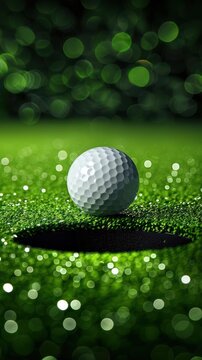 Close-up of a golf ball on a lush green course with sunlight creating a bokeh effect in the background, perfect for sports or leisure themes.