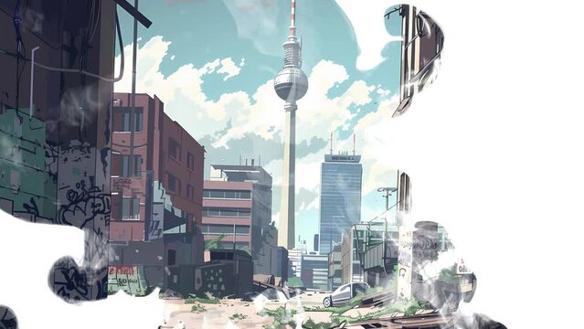 Berlin Alexanderplatz with view of the Fernsehturm Watercolor Hand Drawn Sketch Art Ink Drop Liquid Reveal Intro Animation.