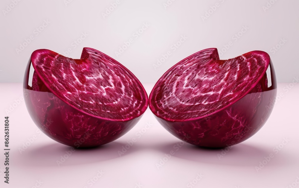 Poster close-up of two glossy red-purple abstract shapes resembling split spheres on a light pink backgroun