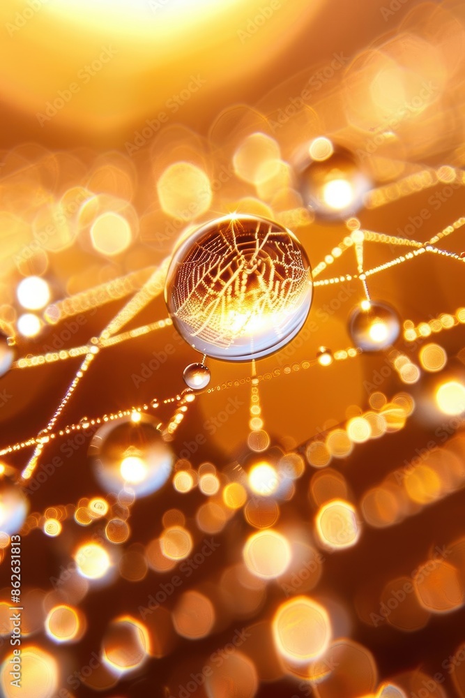 Poster close-up of water droplet on web with golden bokeh, creating a mesmerizing and magical effect in nat