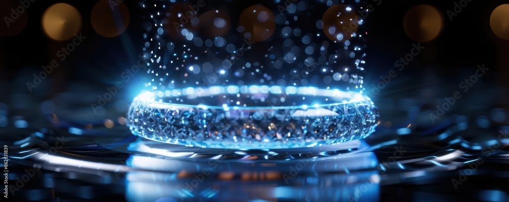 Poster close-up shot of a water droplet causing ripples, illuminated by soft blue light against a dark back