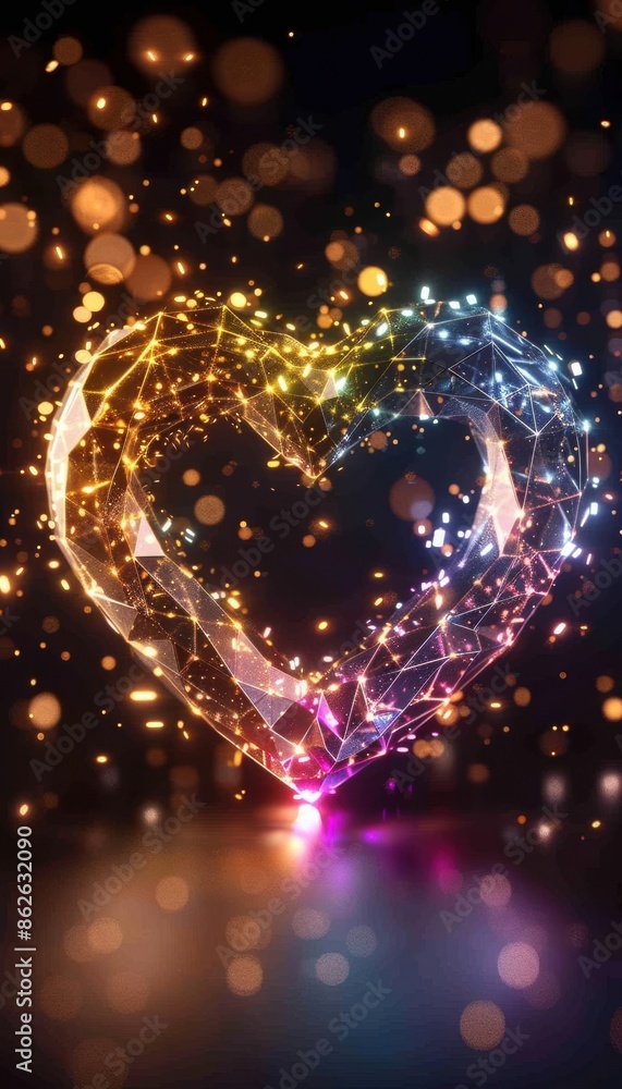 Poster digital art of a glowing heart composed of interconnected lights, representing love and connection w