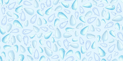 Menstrual hygiene day, seamless design, various blue feminine sanitary pads. Clean drops of rain water snow. Daily care. Watercolor illustration, endless print