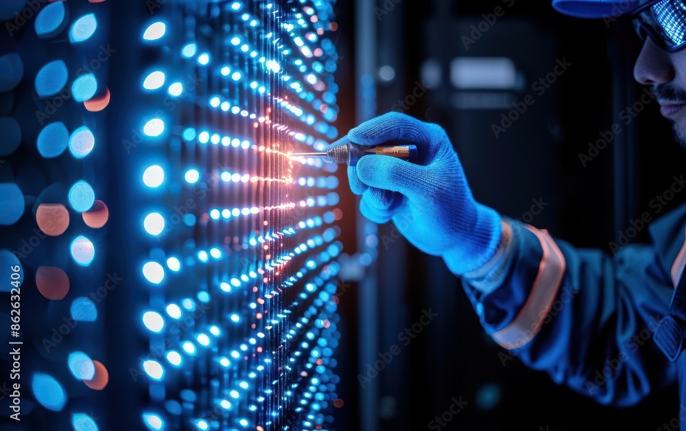 Poster engineer with blue gloves working on a data center server rack illuminated by led lights, showcasing