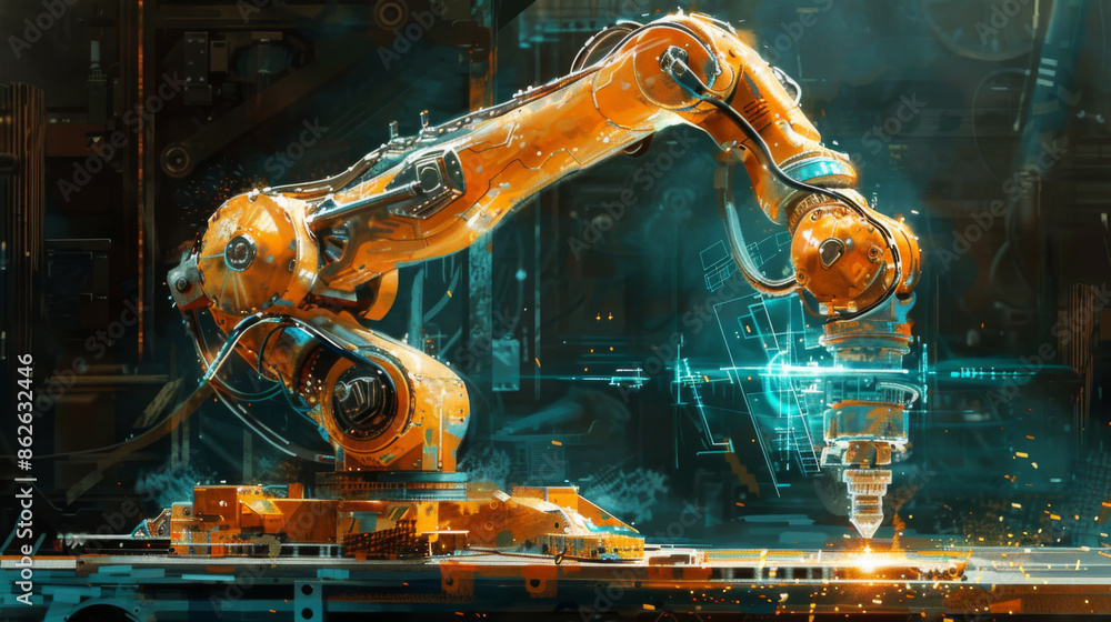 Poster a high-tech robotic arm performing precision tasks in a modern factory, showcasing advanced industri