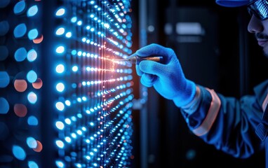 Engineer with blue gloves working on a data center server rack illuminated by LED lights, showcasing advanced technology and IT infrastructure