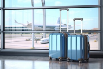 Blue suitcases in airport terminal